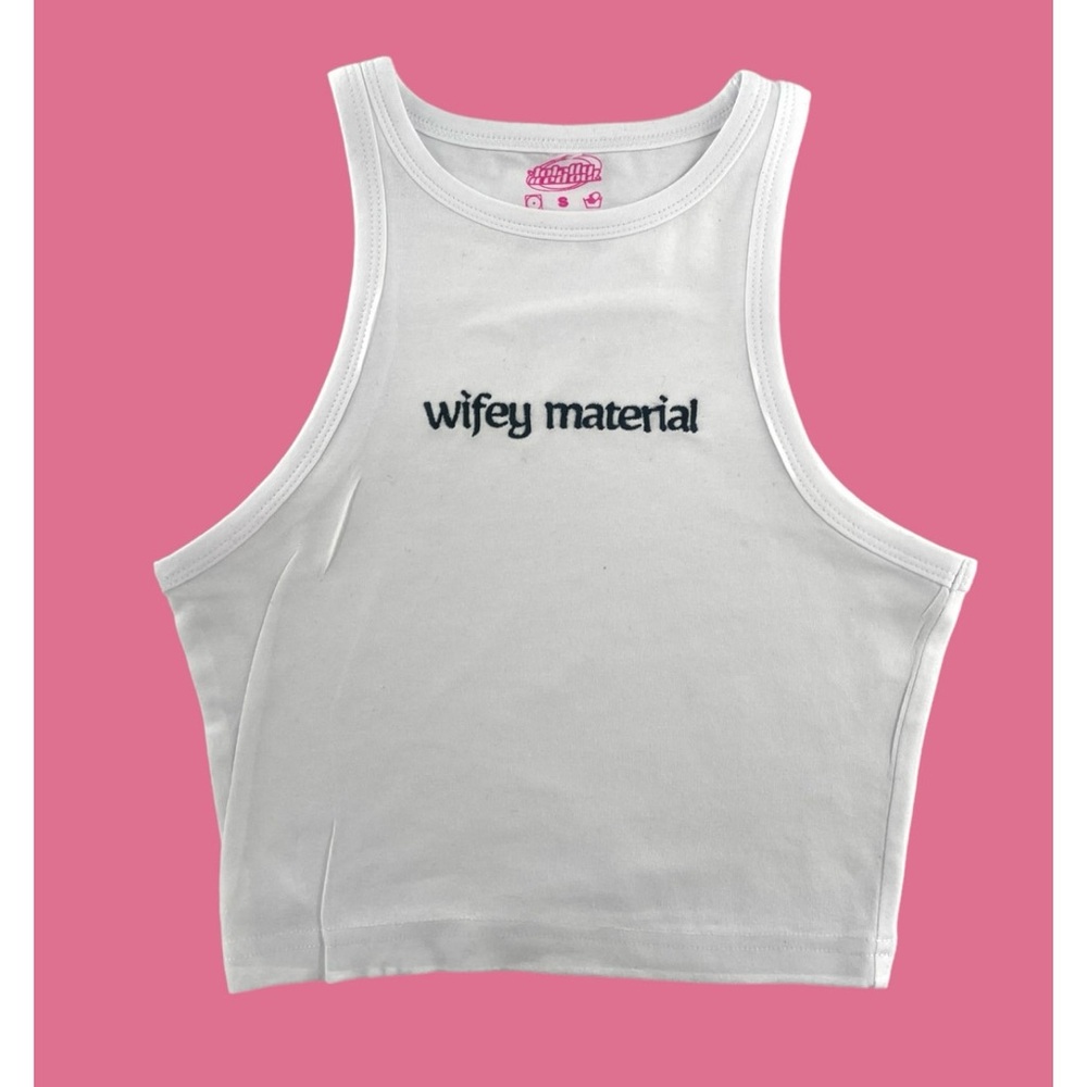White Tank Top with 'Wifey Material' Print